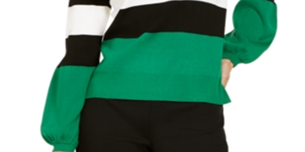 INC International Concepts Women's Stripe Puff Sleeve Sweater Green Size Large