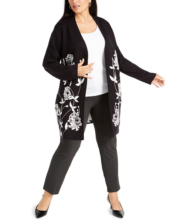 Alfani Women's Plus Printed Open Front Cardigan Black Size 3X