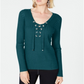 INC International Concepts Women's Lace Up Ribbed Knit Sweater Green Size Petite L