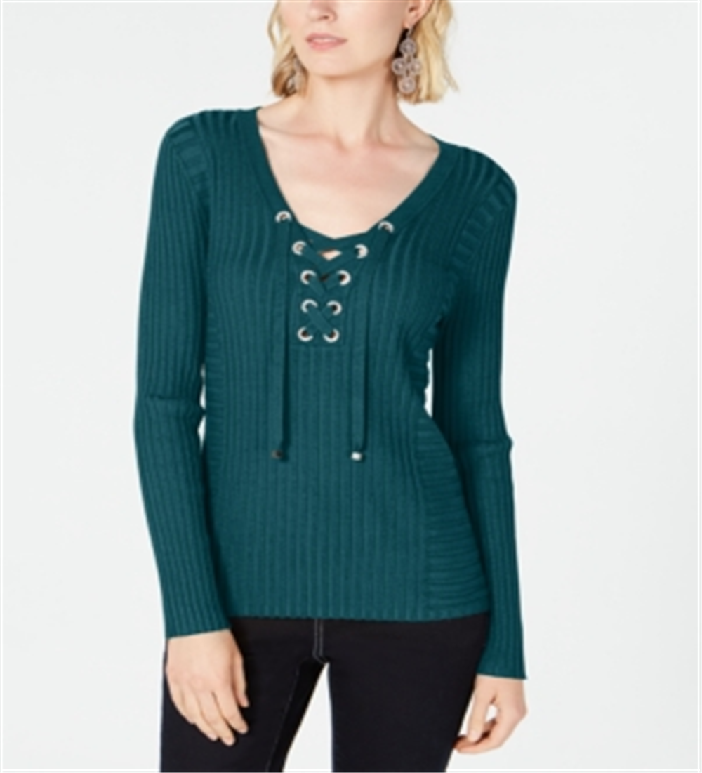 INC International Concepts Women's Lace Up Ribbed Knit Sweater Green Size Petite L