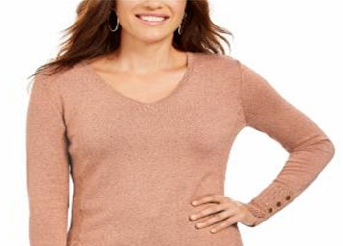 JM Collection Women's Metallic V Neck Sweater Pink Size X-Large
