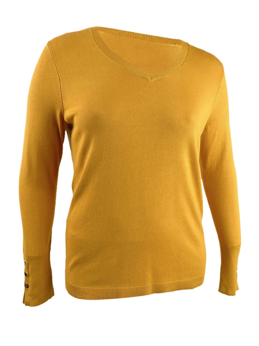 JM Collection Women's Button Cuff V Neck Sweater Gold Size XXL