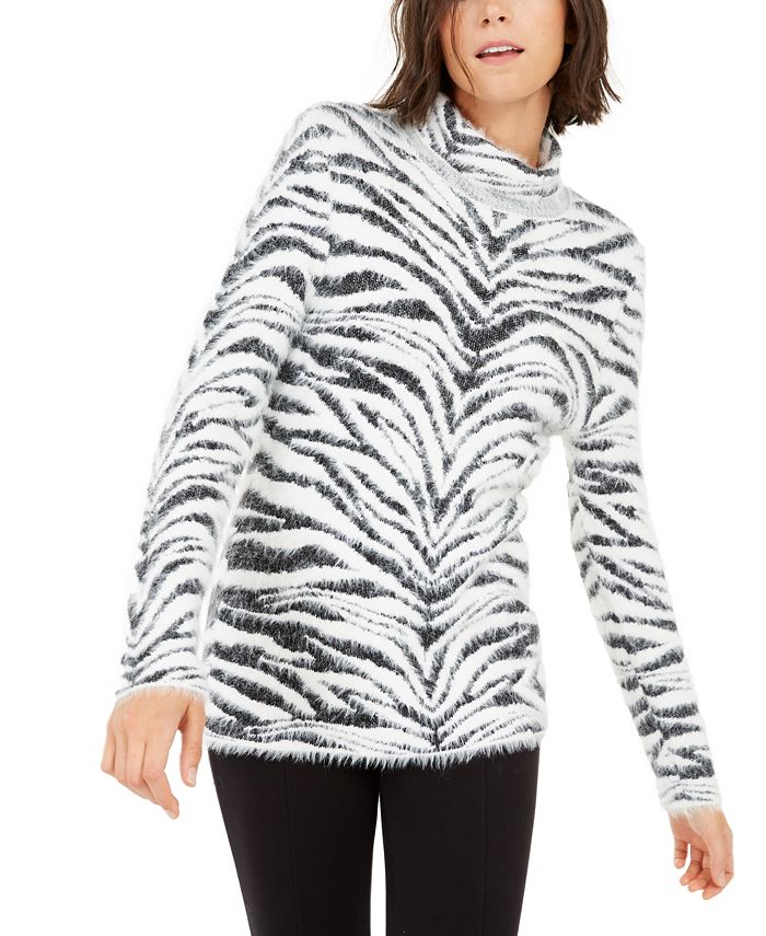 INC International Concepts Women's Animal Print Eyelash Sweater Black Size Medium