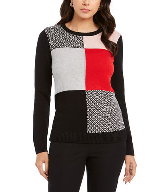 Charter Club Women's Patchwork Sweater Black Size Petite