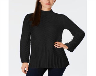 Charter Club Women's Patterned Mock Turtleneck Sweater Black Size Petite L