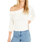 Bar III Women's Long Sleeve Asymmetrical Neckline Top White Size X-Large