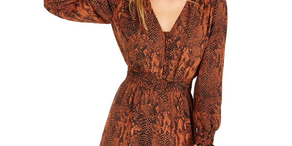 Bar III Women's Snake Print Smocked Mini Dress Brown Size Small