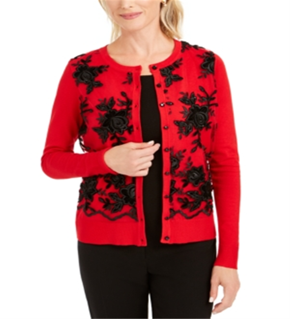Charter Club Women's Floral Applique Mesh Front Cardigan  Red Size Petite L