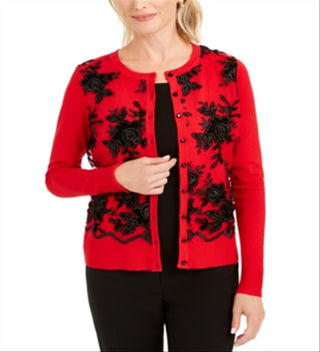 Charter Club Women's Floral Applique Mesh Front Cardigan  Red Size Petite L