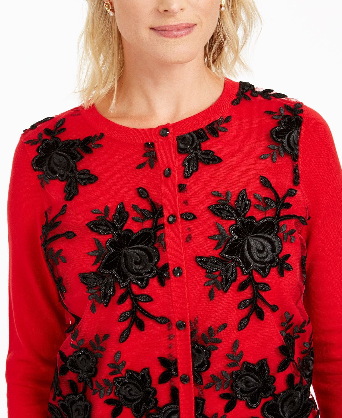 Charter Club Women's Floral Applique Mesh Front Cardigan  Red Size Petite L
