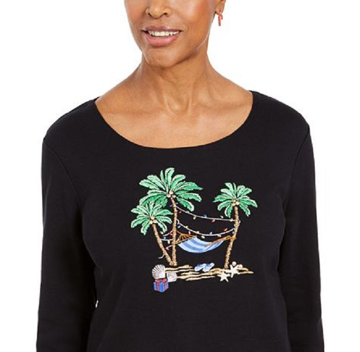 Karen Scott Women's Embellished 3/4 Sleeve Top Black Size Petite Small