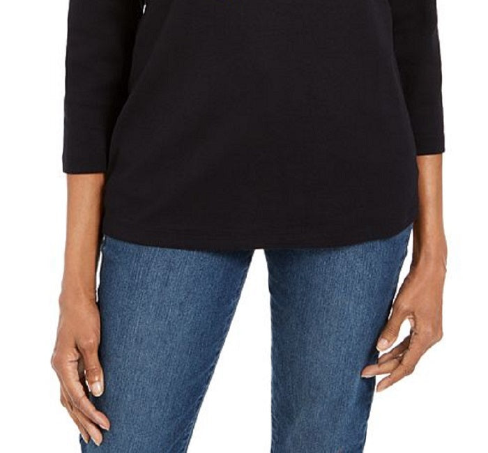 Karen Scott Women's Embellished 3/4 Sleeve Top Black Size Petite Small