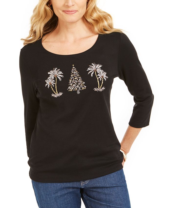 Karen Scott Women's Embellished Graphic Top Black Size Medium