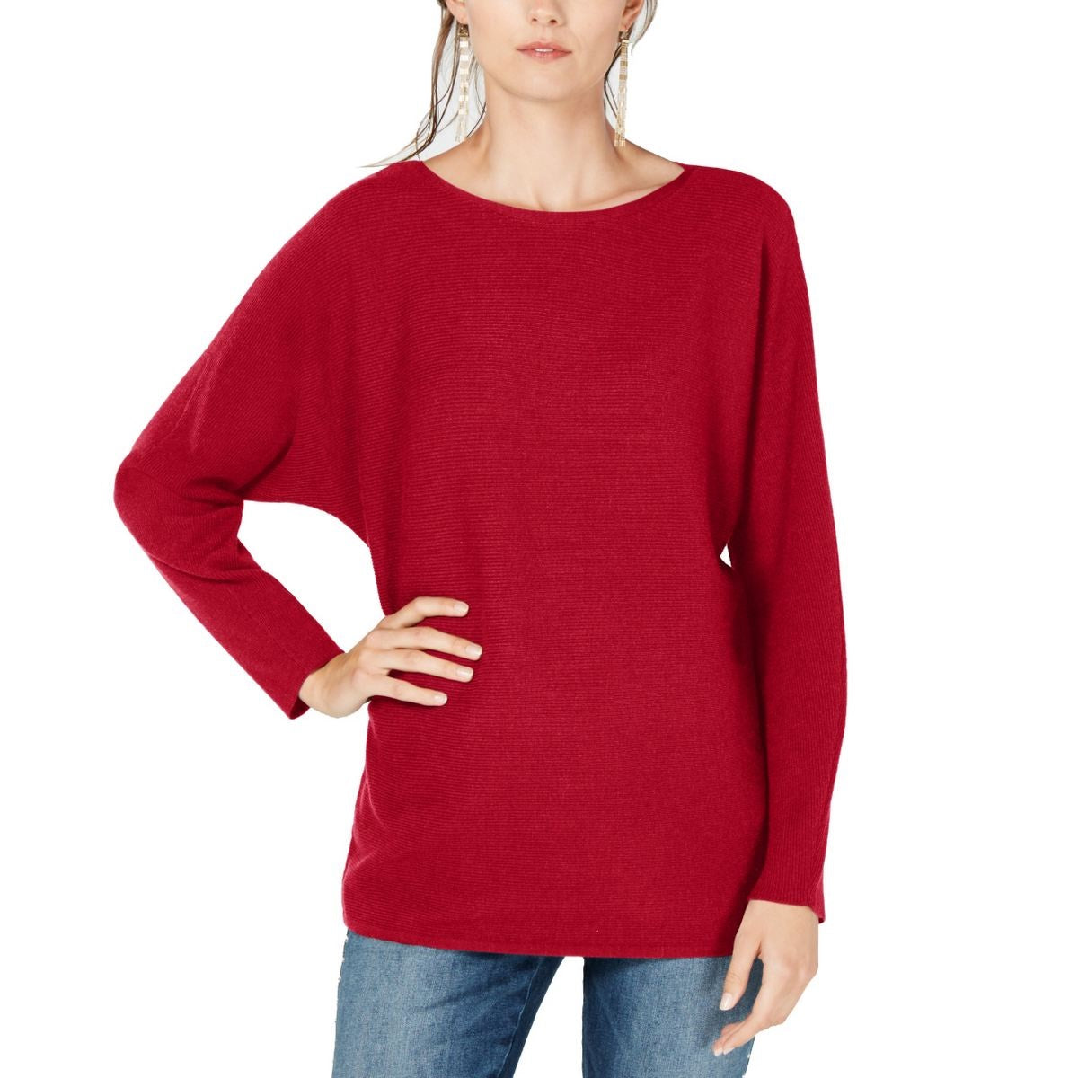 INC International Concepts Women's Dolman Sleeve Ribbed Knit Sweater Red Size Large