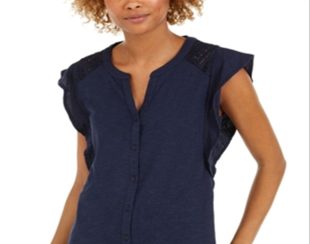 Style & Co Women's Eyelet Sleeveless Shirt Blue Size Medium