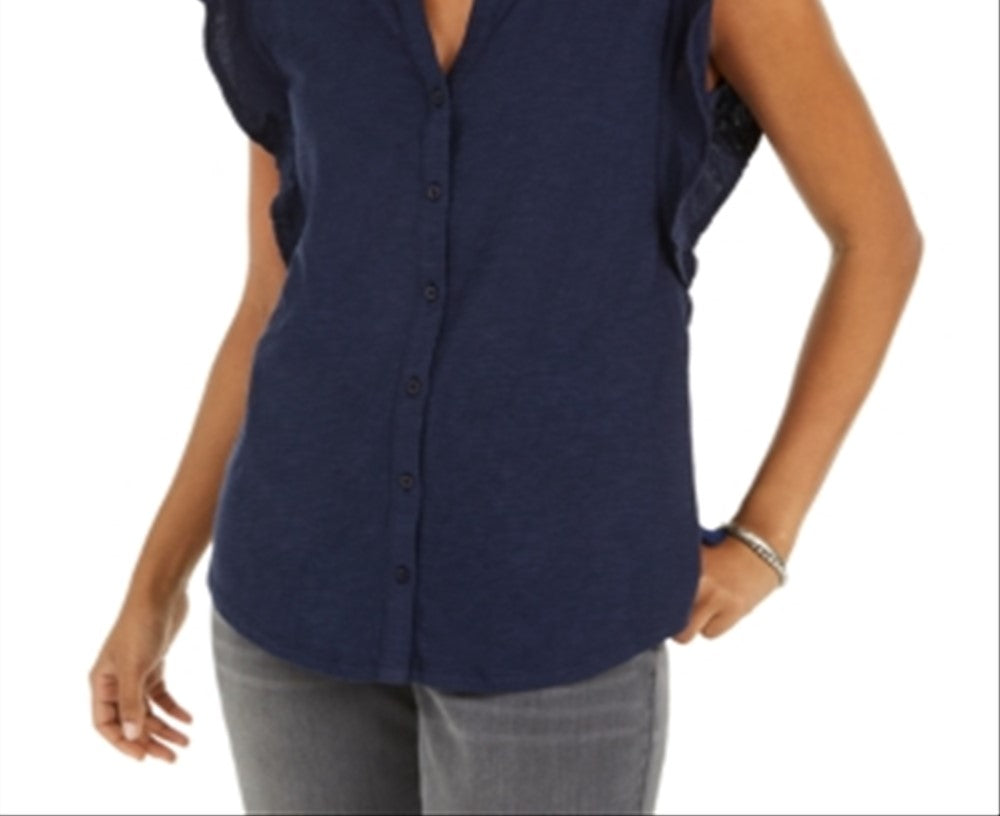 Style & Co Women's Eyelet Sleeveless Shirt Blue Size Medium