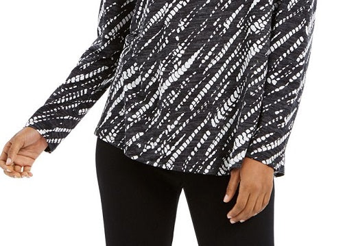 Style & Co Women's Long Sleeve Printed Shirt Black Size Large