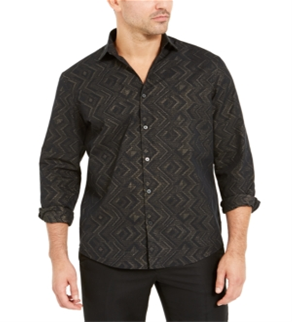 Alfani Men's Gold Button Down Jacquard Metallic Chevron Shirt Black Size X-Large