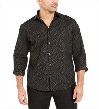 Alfani Men's Gold Button Down Jacquard Metallic Chevron Shirt Black Size X-Large