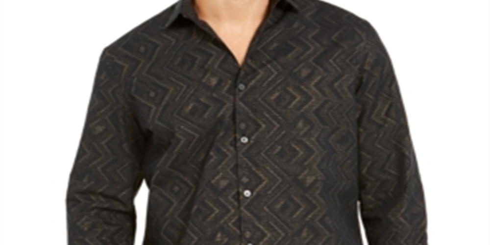 Alfani Men's Gold Button Down Jacquard Metallic Chevron Shirt Black Size X-Large