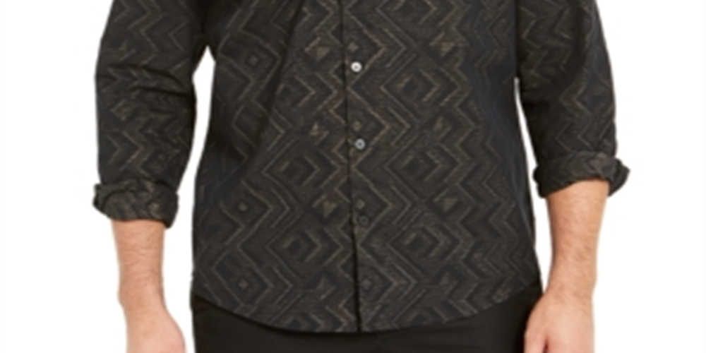 Alfani Men's Gold Button Down Jacquard Metallic Chevron Shirt Black Size X-Large
