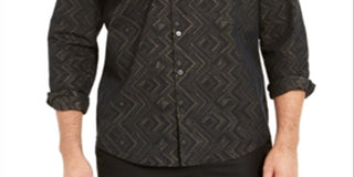 Alfani Men's Gold Button Down Jacquard Metallic Chevron Shirt Black Size X-Large