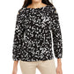 Alfani Women's Blouse Printed Button Shoulder Bateau Black Size XX-Large