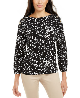 Alfani Women's Blouse Printed Button Shoulder Bateau Black Size XX-Large