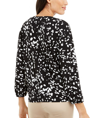 Alfani Women's Blouse Printed Button Shoulder Bateau Black Size XX-Large