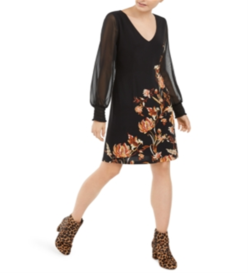 INC International Concepts Women's Floral Print Statement Sleeve Dress Black Size Medium