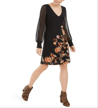 INC International Concepts Women's Floral Print Statement Sleeve Dress Black Size Medium
