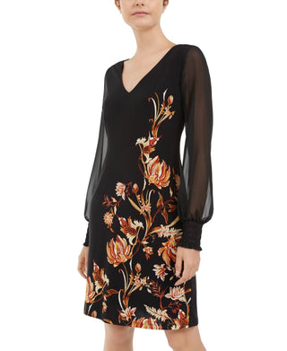 INC International Concepts Women's Floral Print Statement Sleeve Dress Black Size Medium