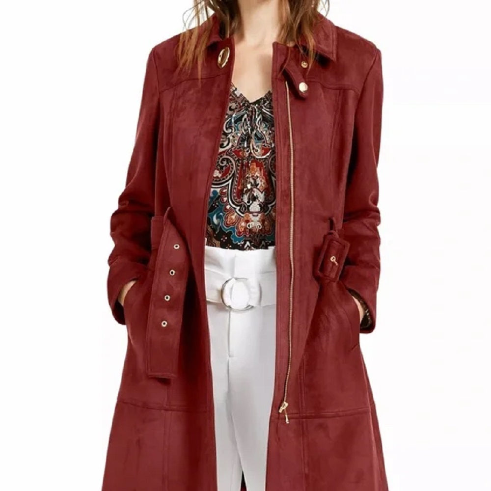 INC International Concepts Women's Faux Suede Trench Coat Red Size Large