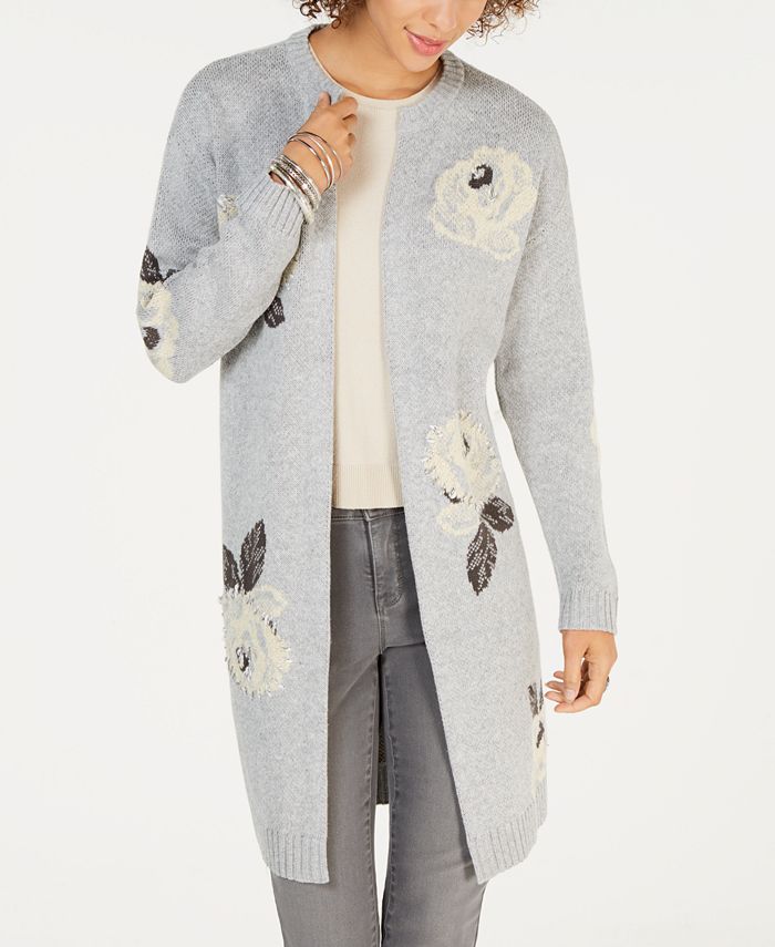 Style & Co Women's Floral Print Open Front Cardigan Gray Size Petite