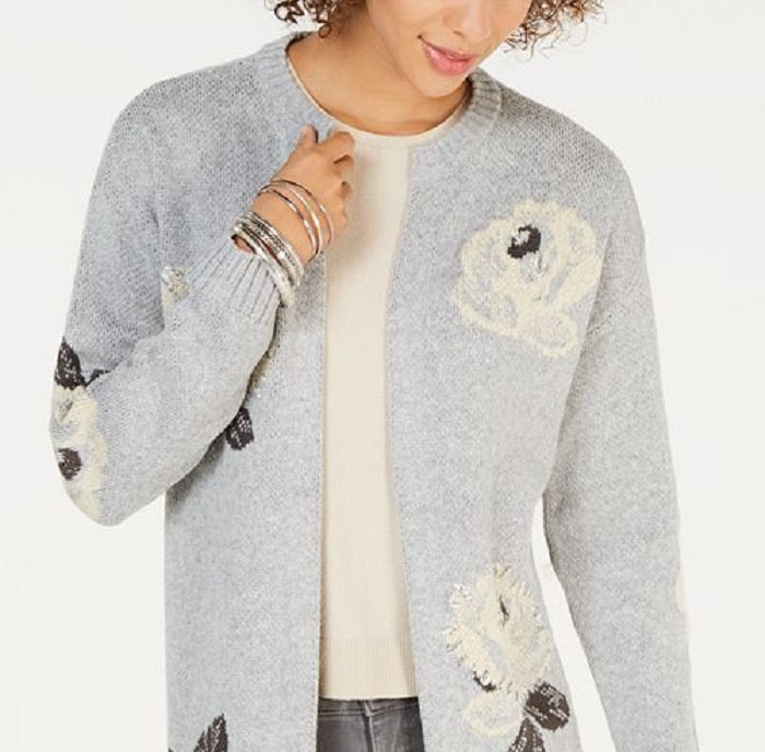 Style & Co Women's Floral Print Open Front Cardigan Gray Size Petite