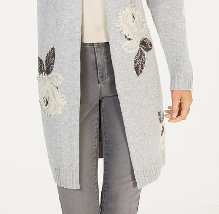 Style & Co Women's Floral Print Open Front Cardigan Gray Size Petite