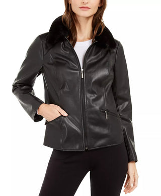Alfani Women's Faux Leather Faux Fur Collar Jacket Black Size X-Large
