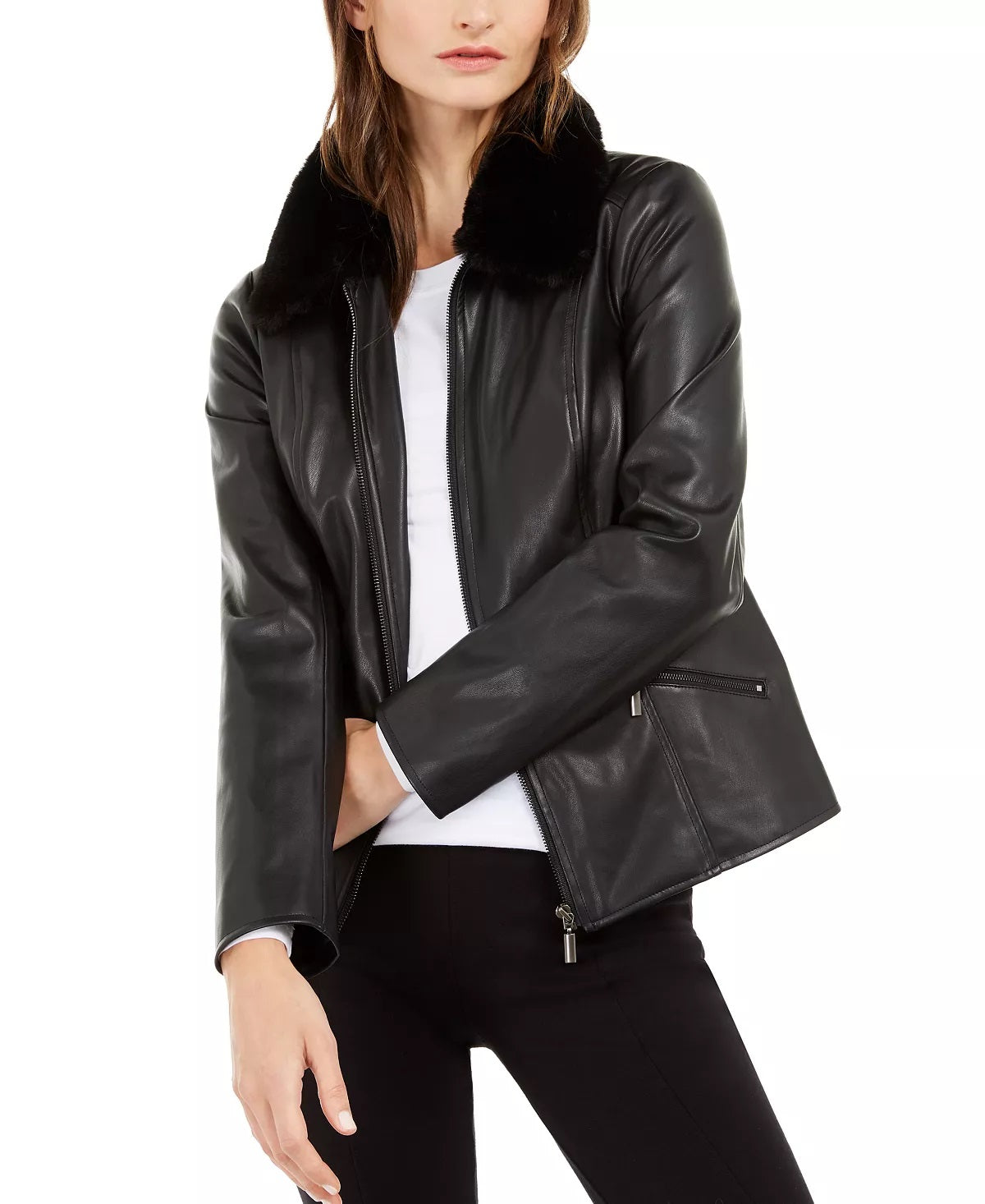 Alfani Women's Faux Leather Faux Fur Collar Jacket Black Size X-Large