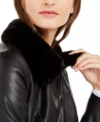 Alfani Women's Faux Leather Faux Fur Collar Jacket Black Size X-Large
