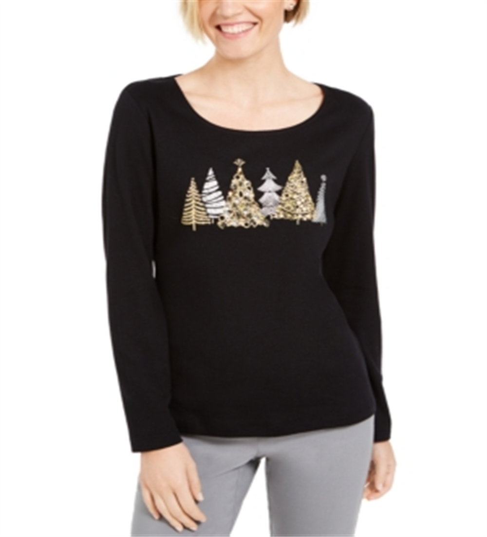 Karen Scott Women's Sparkle Holiday Graphic Shirt Black Size XX-Large