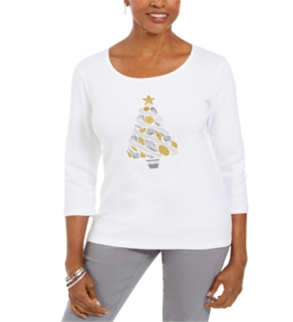 Karen Scott Women's Cotton Seashell Tree Print T-Shirt White Size Small