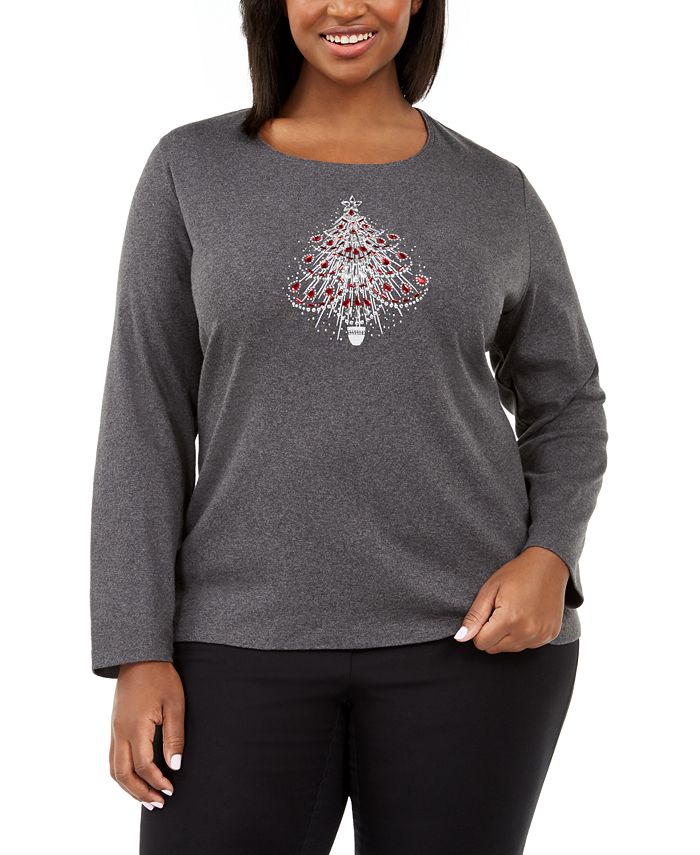 Karen Scott Women's Cotton Embellished Tree T-Shirt Black Size 1X