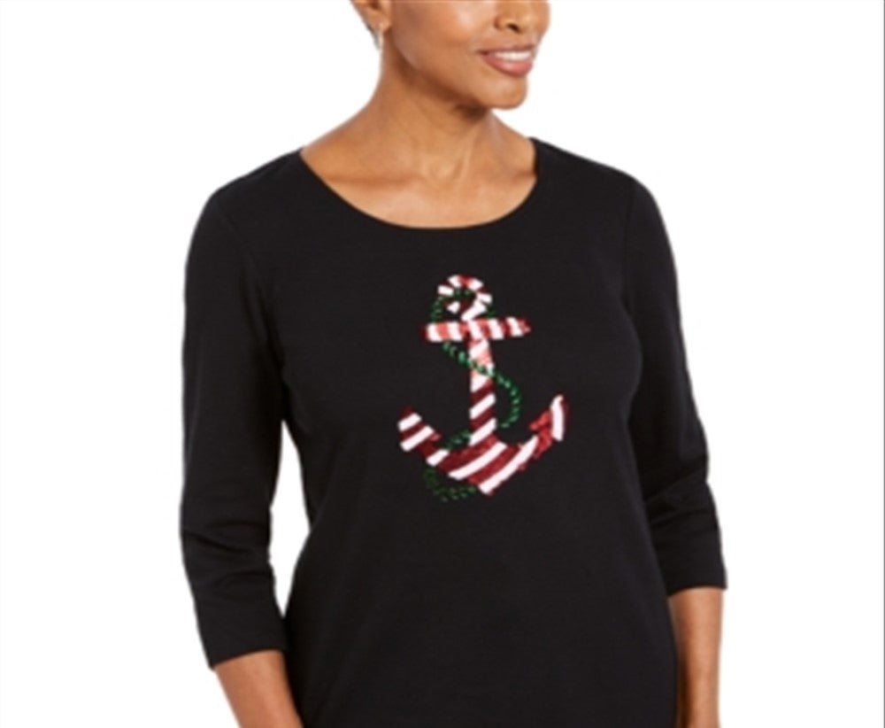 Karen Scott Women's Holiday Sequin Shirt  Black Size Petite L
