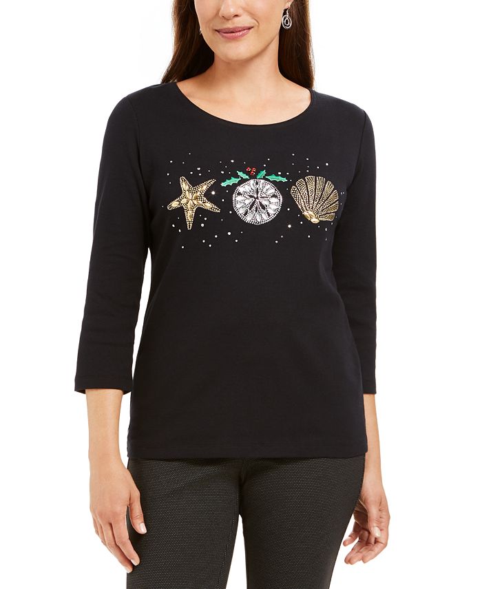 Karen Scott Women's Cotton Shells Holiday Graphic Top Black Size Small