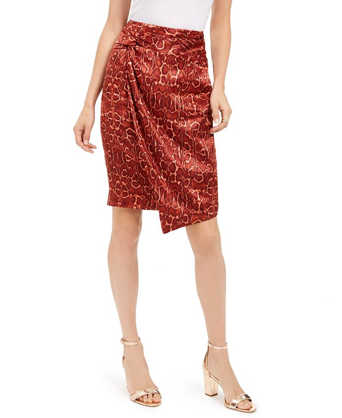 INC International Concepts Men's Zippered Twist Front Animal Print Knee Length Wear to Work Faux Wrap Skirt Orange Size 10