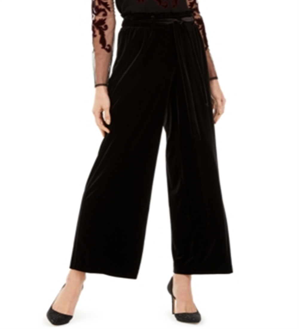 INC International Concepts Women's Velvet Wide Leg Paperbag Pants Black Size X-Small