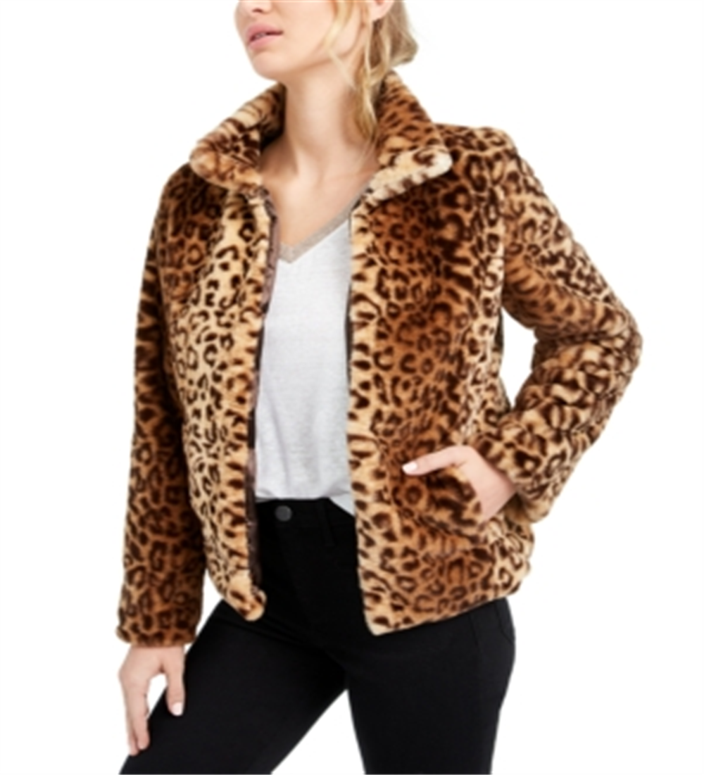 Maison Jules Women's Leopard Print Faux Fur Jacket Brown Size Medium