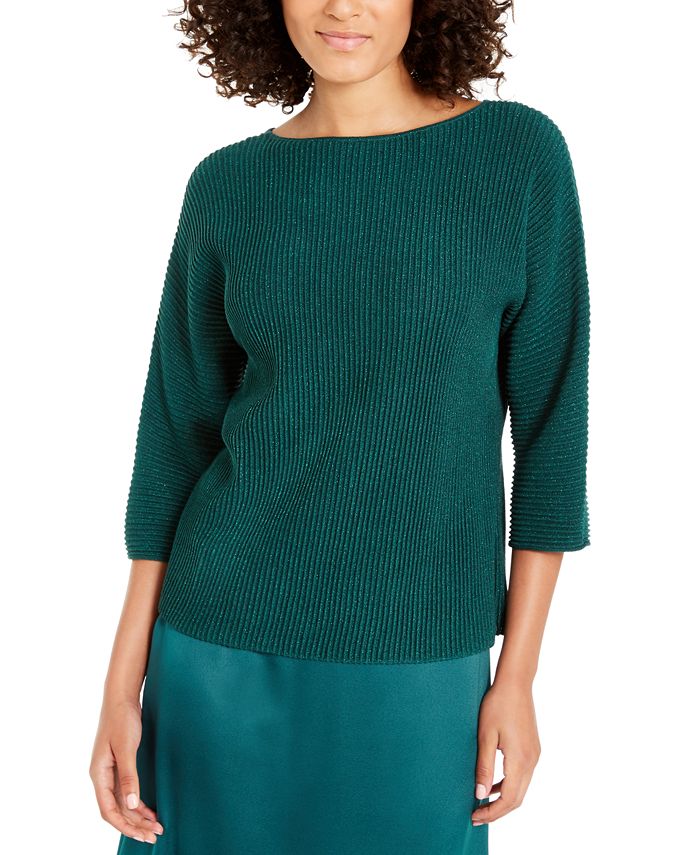 Alfani Women's Metallic Ribbed Knit Sweater Green Size Large