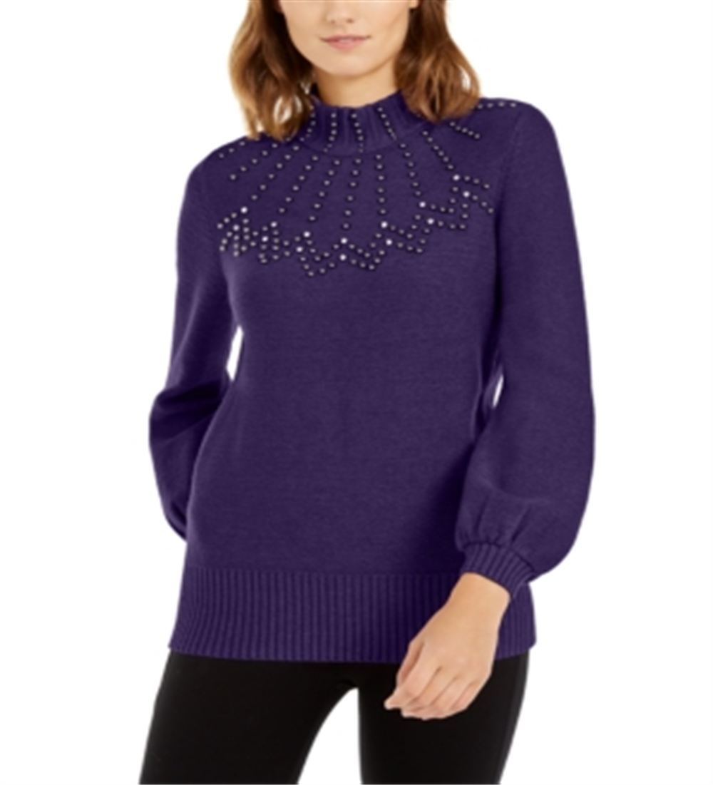 Alfani Women's Mock Neck Embellished Sweater  Purple Size Petite S