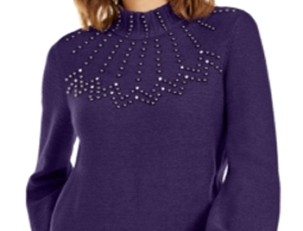 Alfani Women's Mock Neck Embellished Sweater  Purple Size Petite S